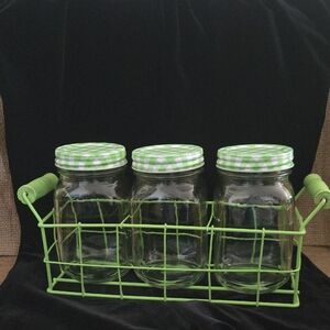 Green Gingham Mason Jar Set with Wire Basket